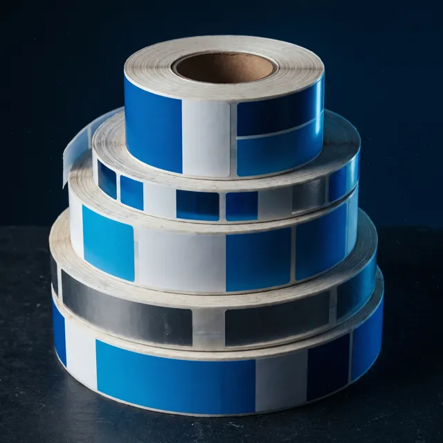 A stack of finished label rolls in paper, metallic and clear substrates