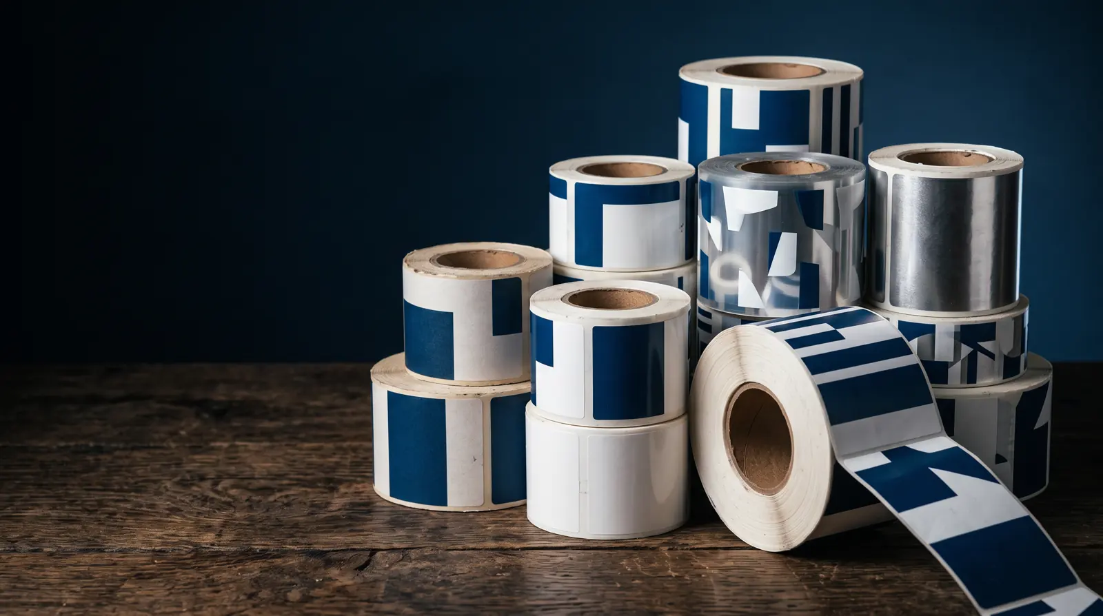 Label rolls in many different substrates stacked together on aged timber