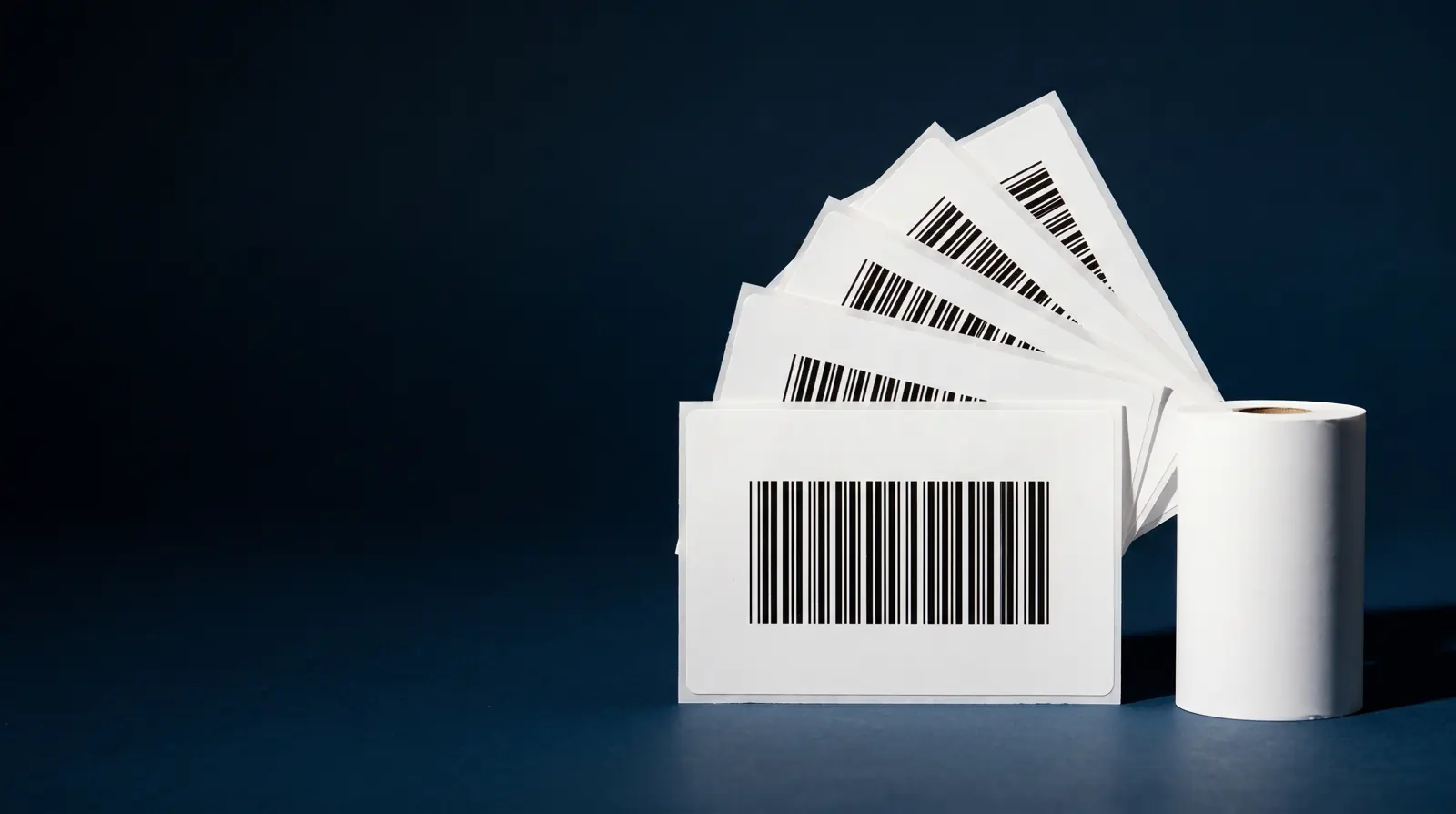 A fan of barcode labels beside a roll of blank thermal stock