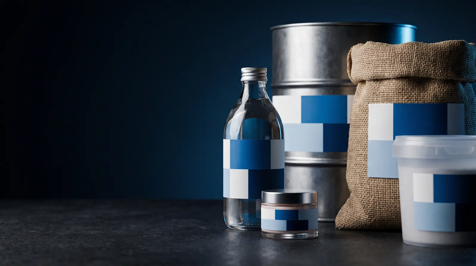 A bottle, tin, sack and tub grouped together, each carrying a printed label