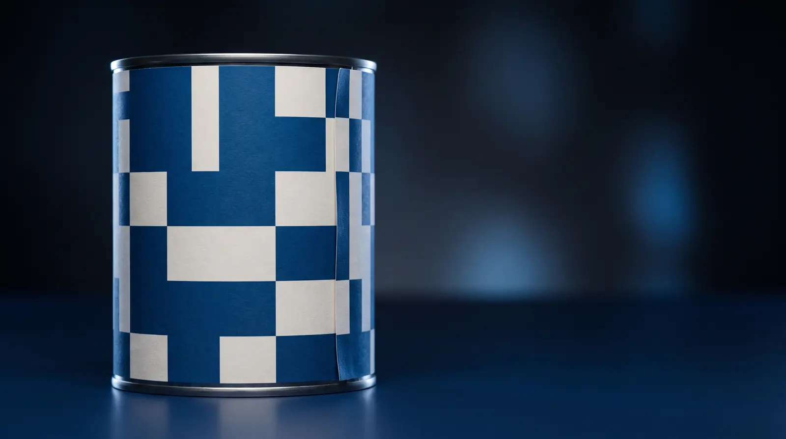 A cylindrical tin with a label wrapping the full circumference