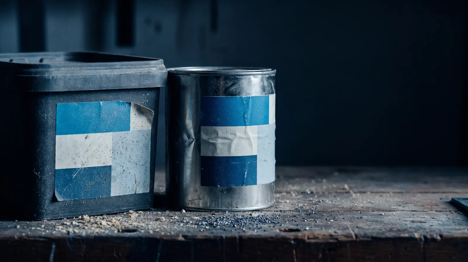 A textured hardware tub and metal tin with labels conforming to rough surfaces