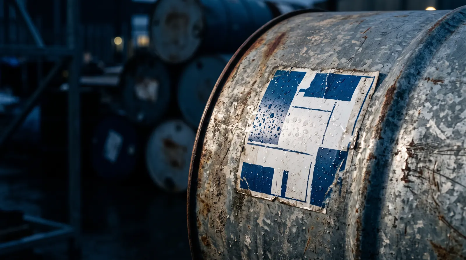 A weathered steel drum carrying a chemical-resistant laminated label