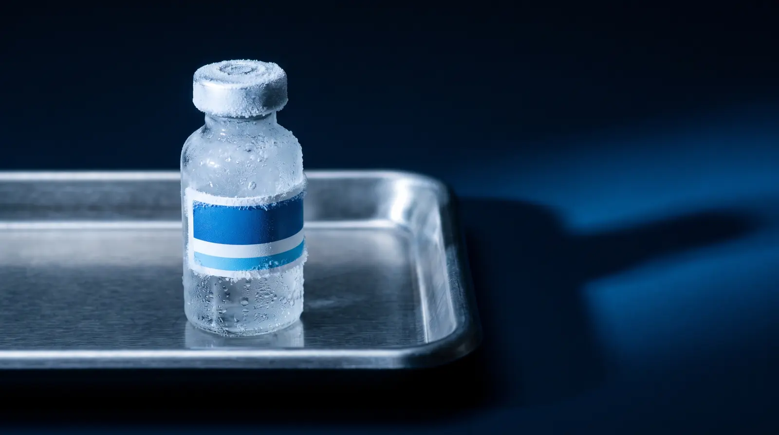 A frost-covered vial on a steel tray, its label intact after cold storage