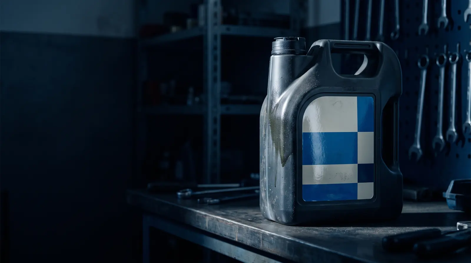 An oil canister whose laminated label resists workshop grime
