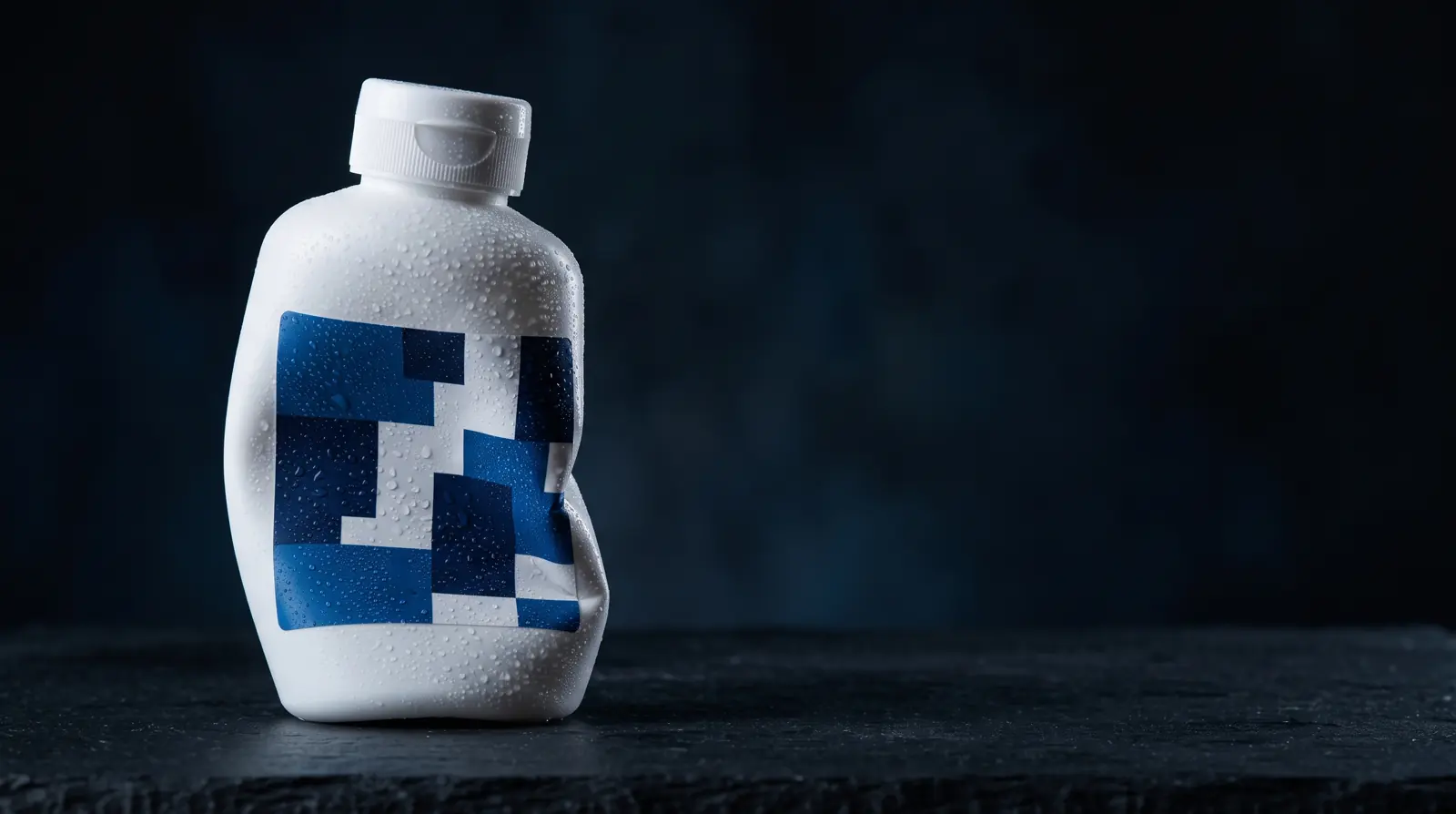 A squeeze bottle flexing without creasing its conformable label