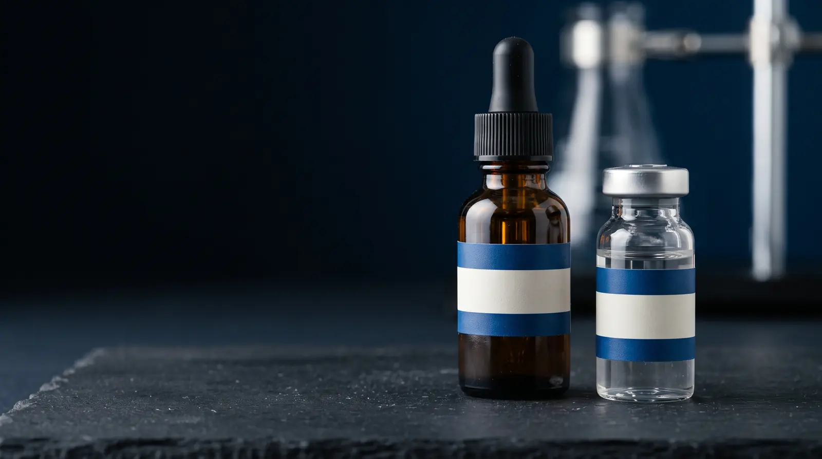 A pharmaceutical vial and dispensing bottle with narrow printed labels