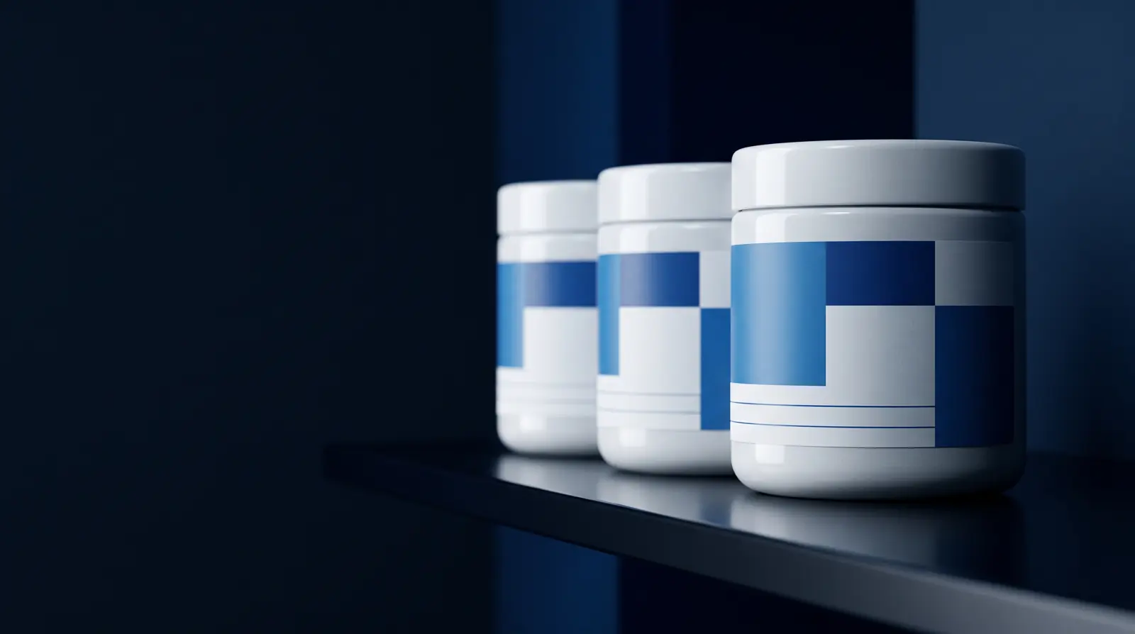 Retail tubs lined along a shelf edge with crisply printed labels
